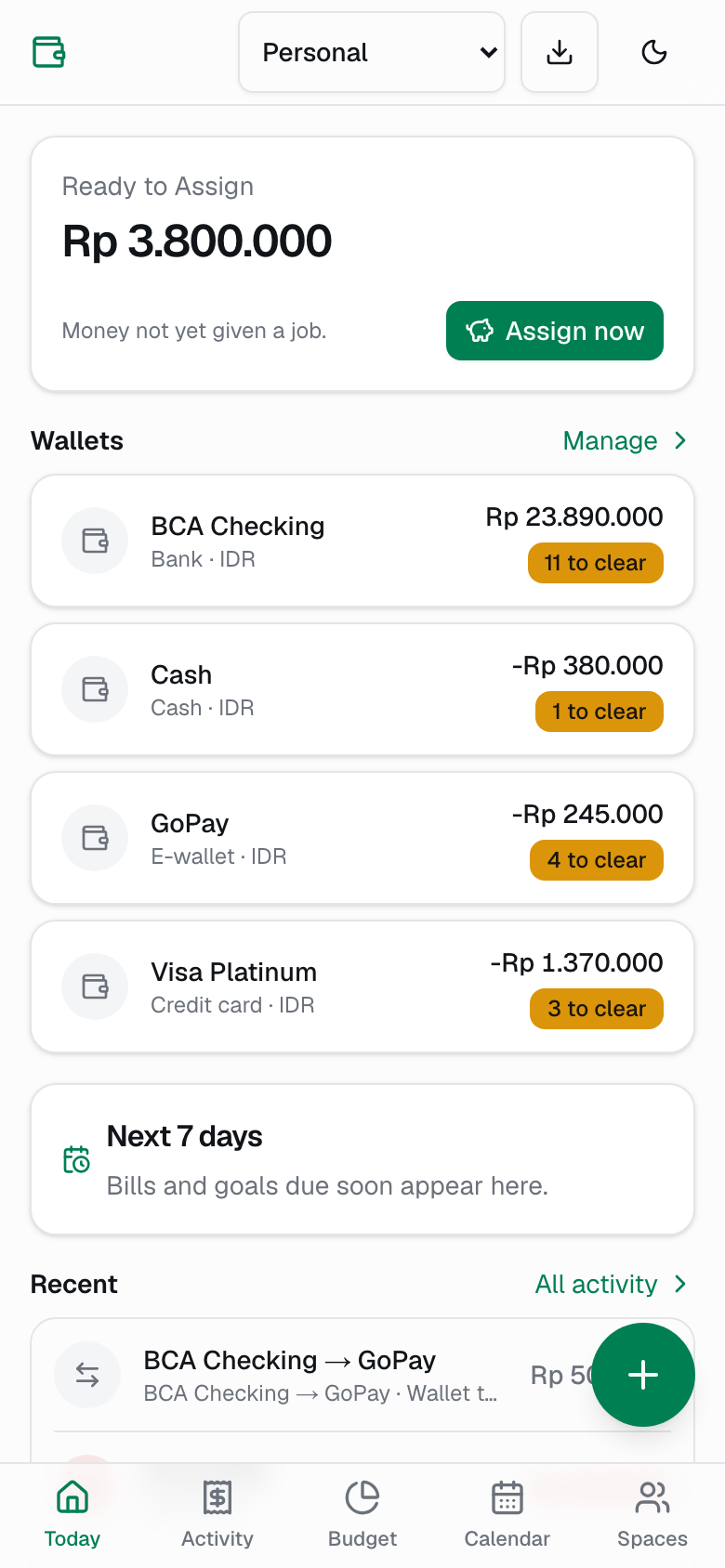The Fainens app: Ready to Assign and wallet balances on the home screen, and envelopes with their assigned and available amounts on the budget screen.